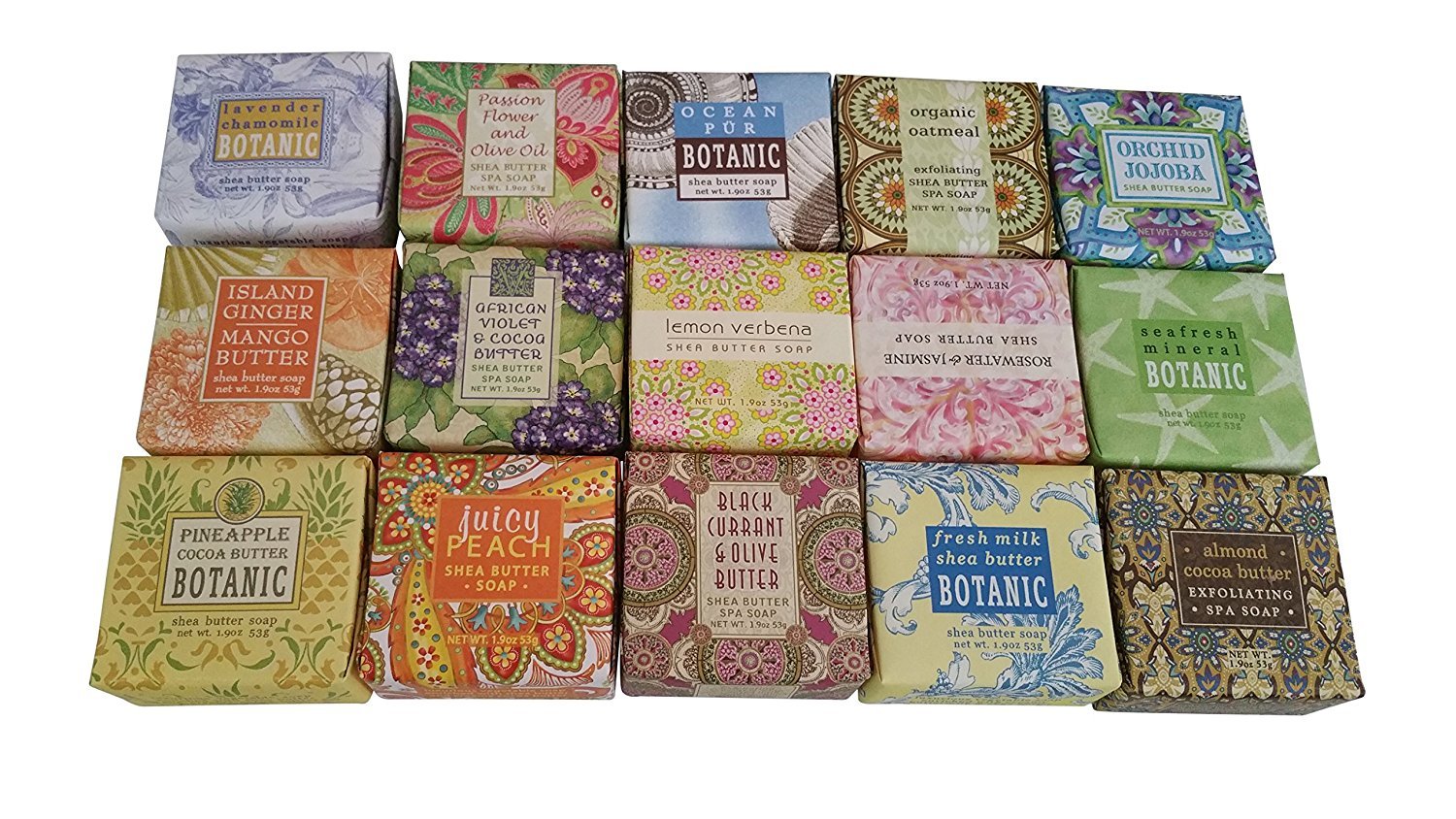 Sampler de jabones Greenwich Bay, 15 aromas, 1.9 oz, ideal para pruebas y regalos.