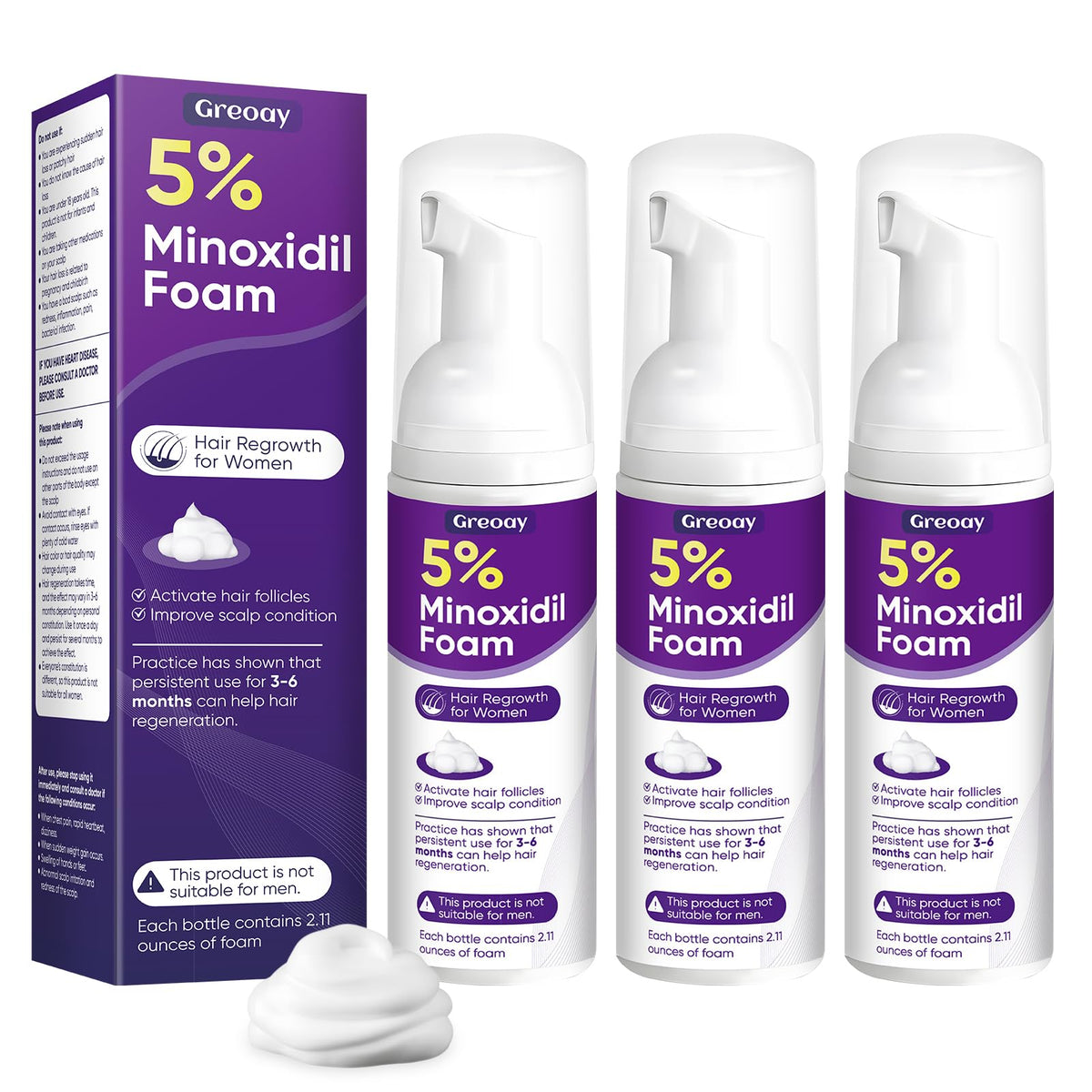 Greoay Minoxidil 5% espuma, botellas para uso diario en el cuidado capilar.