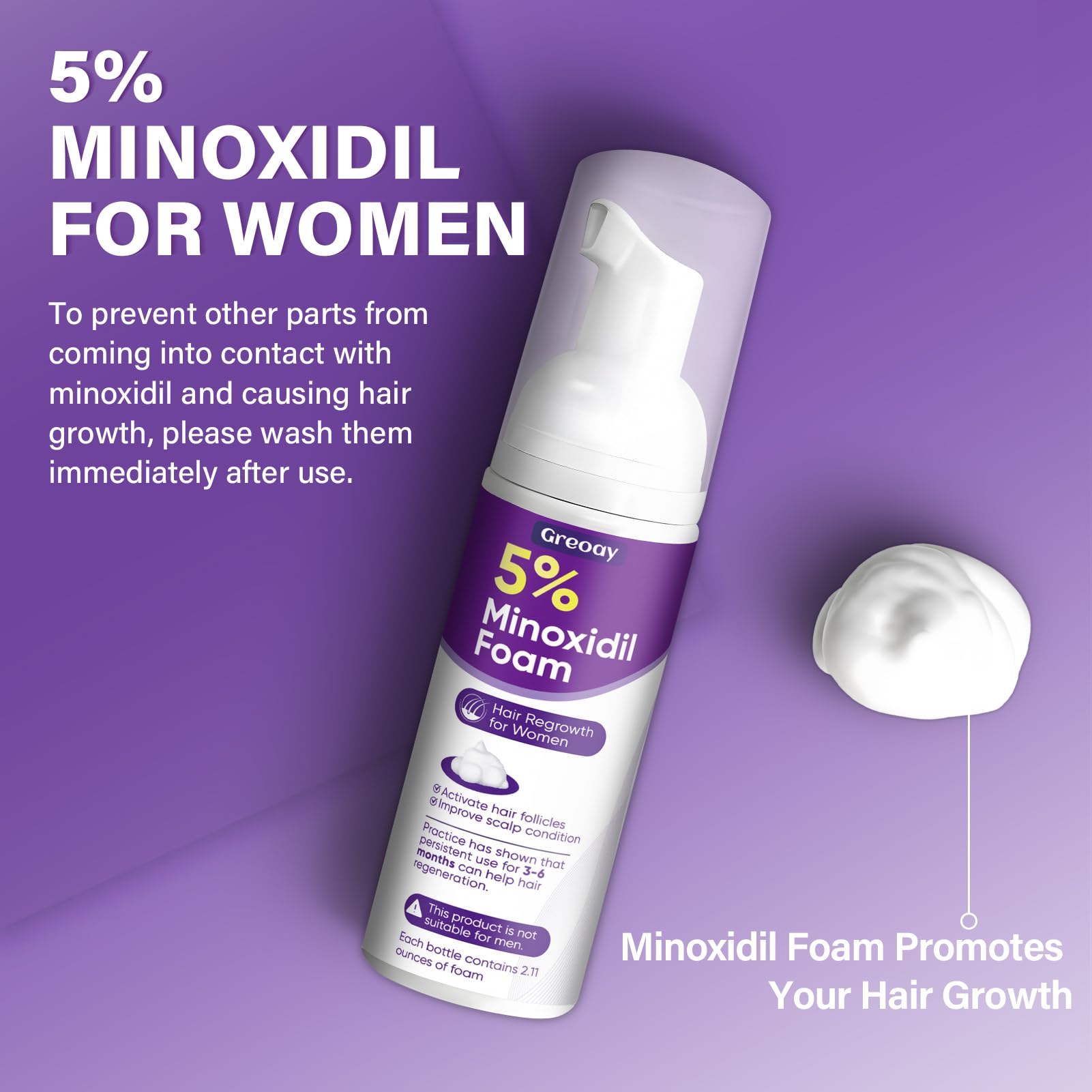 Greoay Minoxidil 5% espuma, aplicación manual fácil y rápida.