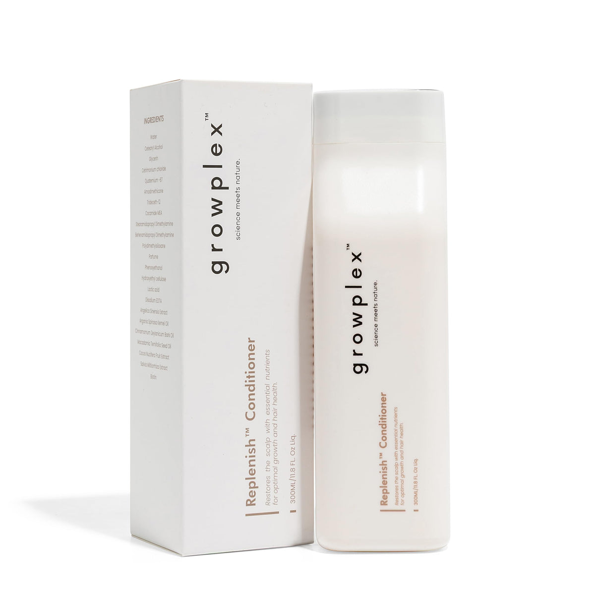 Growplex Replenish: botella frontal, hidratación profunda para cabello suave y manejable.