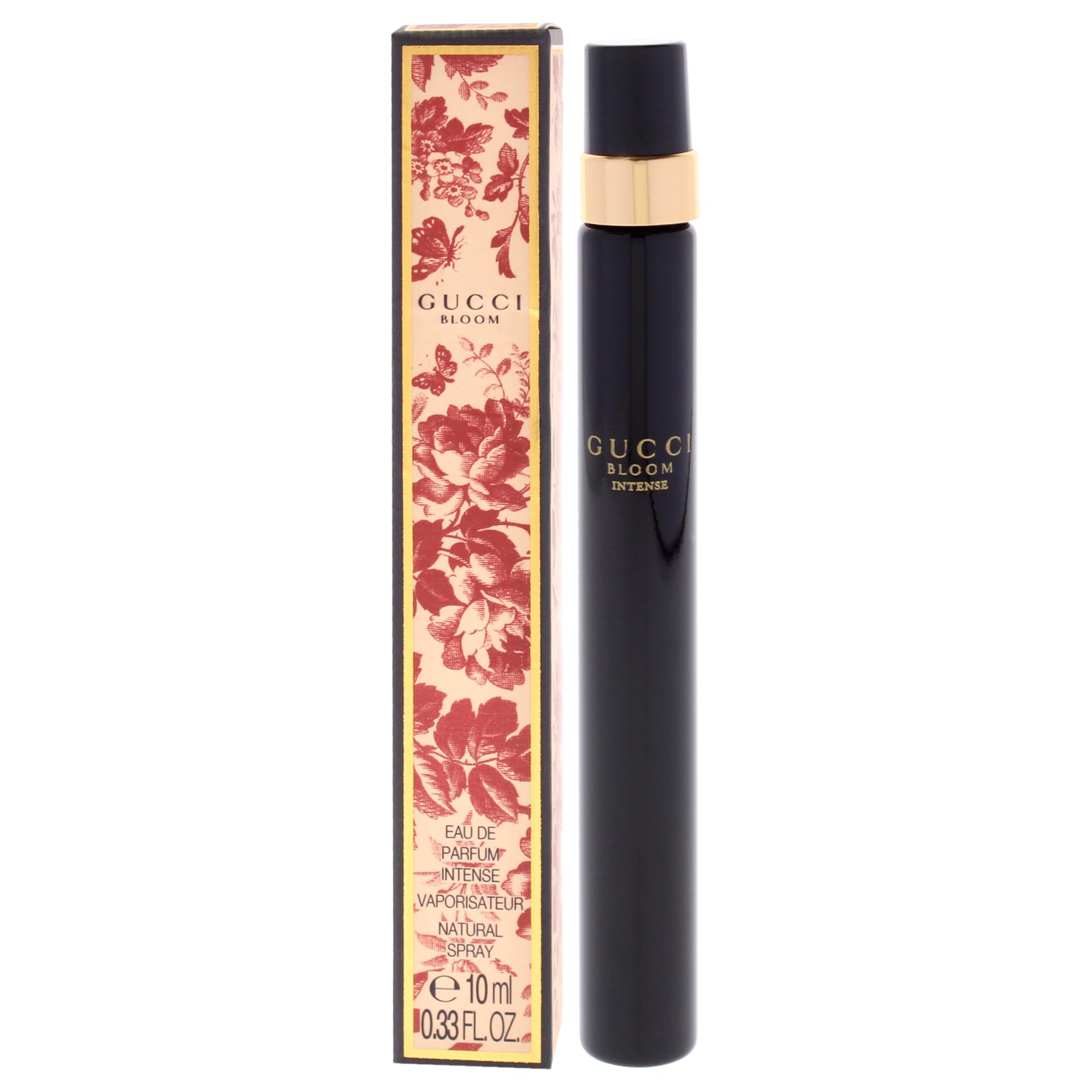 Gucci Bloom Intense Mini EDP, etiqueta minimalista, refleja feminidad y sofisticación.