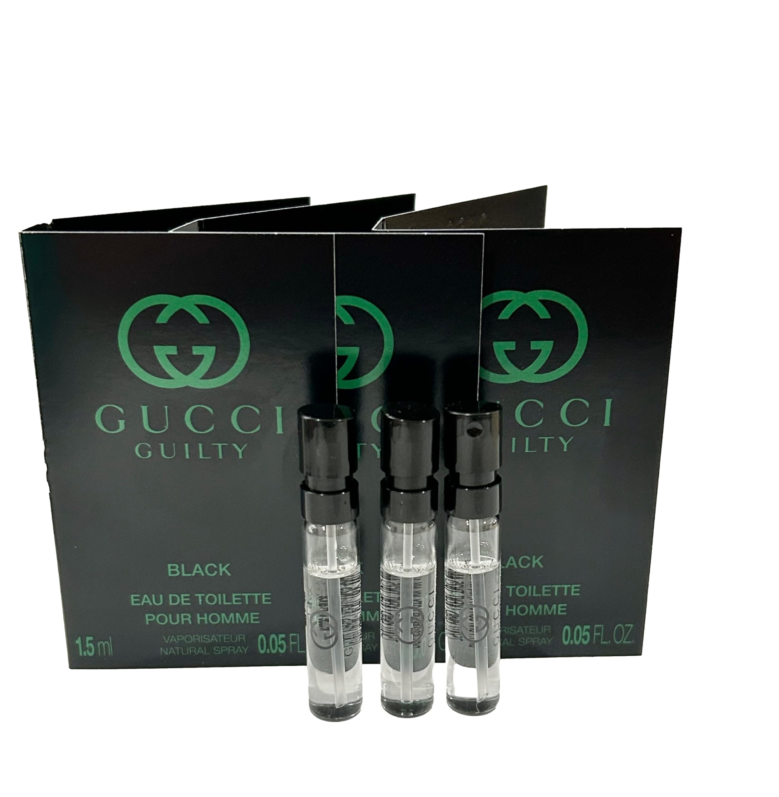 Gucci Guilty Black sample bottle front view, ideal for testing on the go.