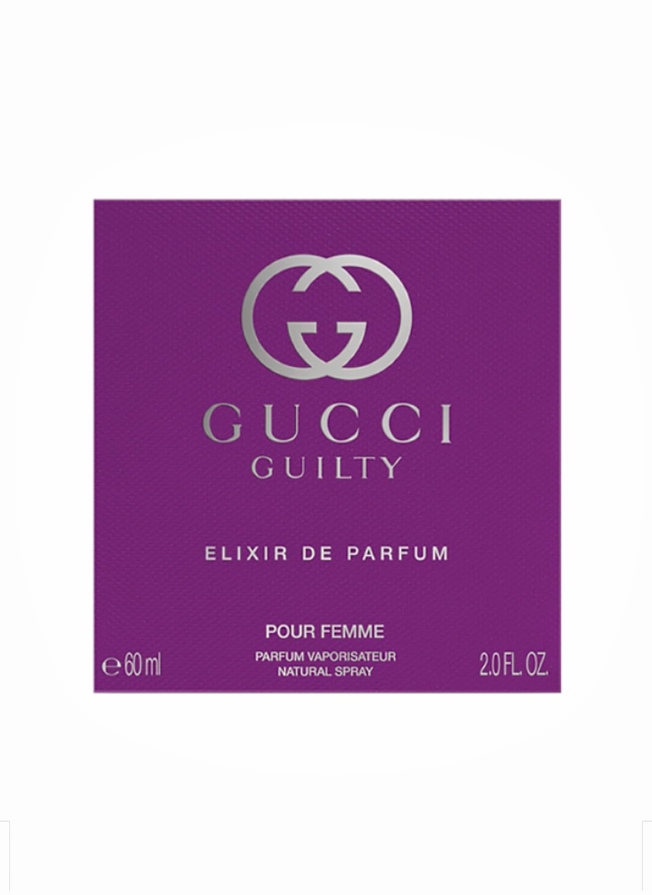 Gucci Guilty Elixir Parfum, frasco detalle notas de fragancia para uso nocturno.