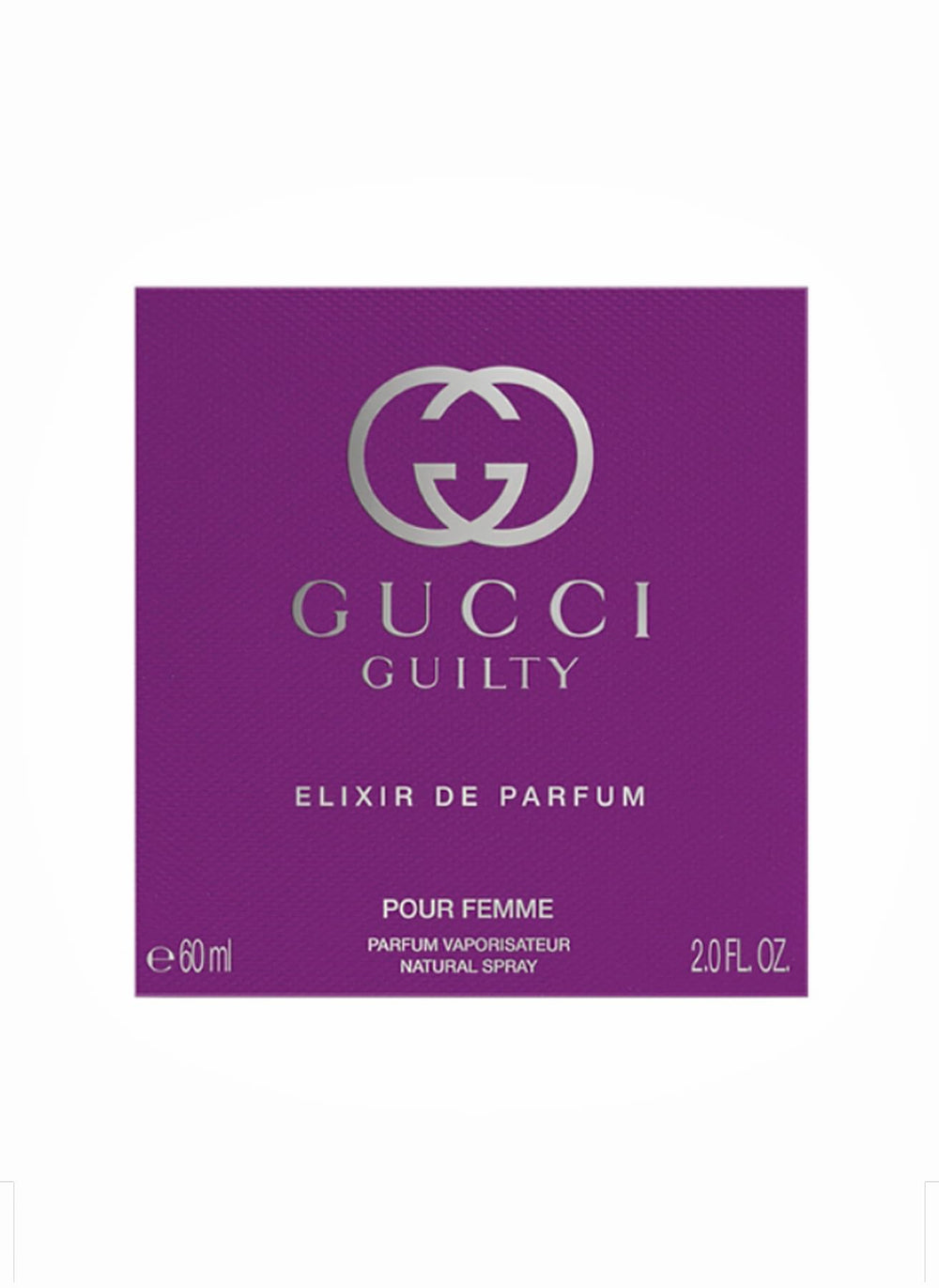 Gucci Guilty Elixir Parfum, frasco detalle notas de fragancia para uso nocturno.