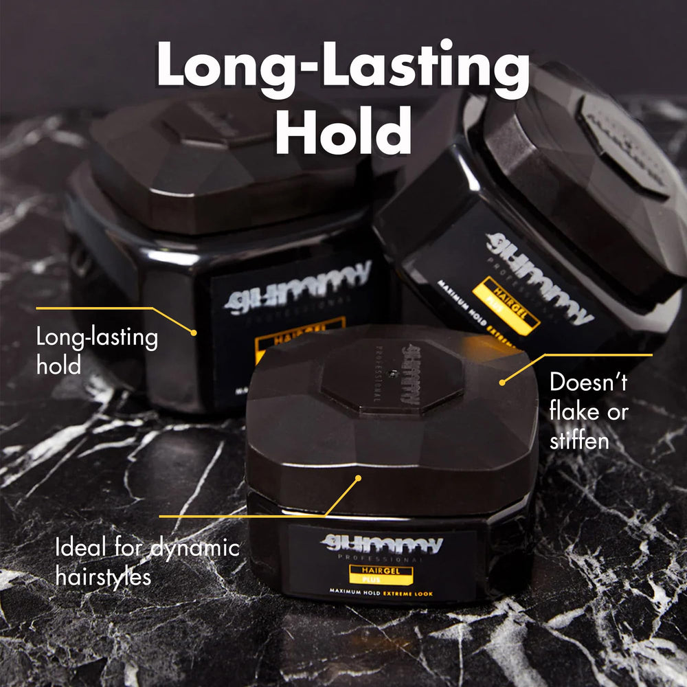 Gummy Professional Plus Gel para peinado slick back, brillo limpio y control.