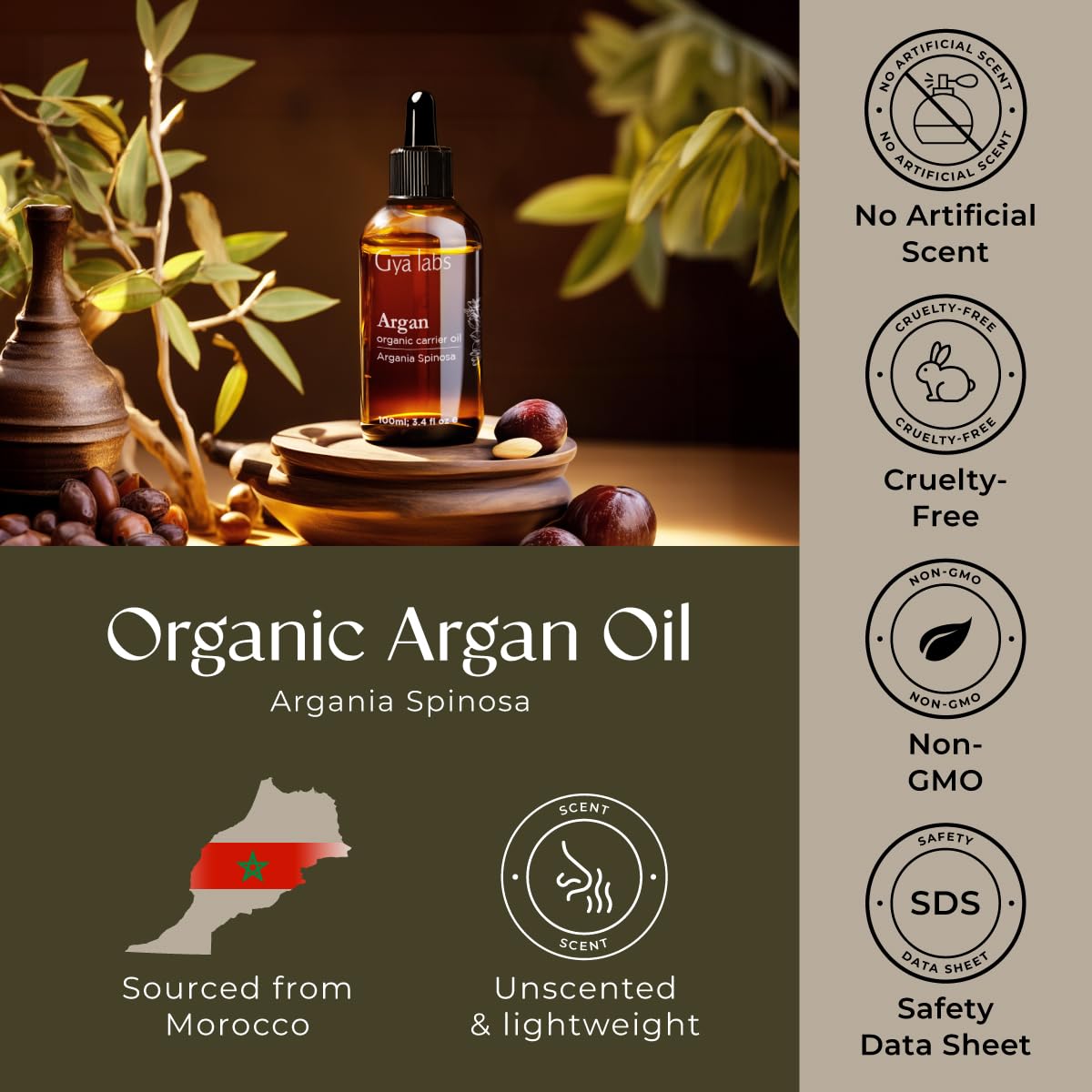 Gya Labs Argan Hair Revival Oil: empaque elegante para cuidado capilar diario