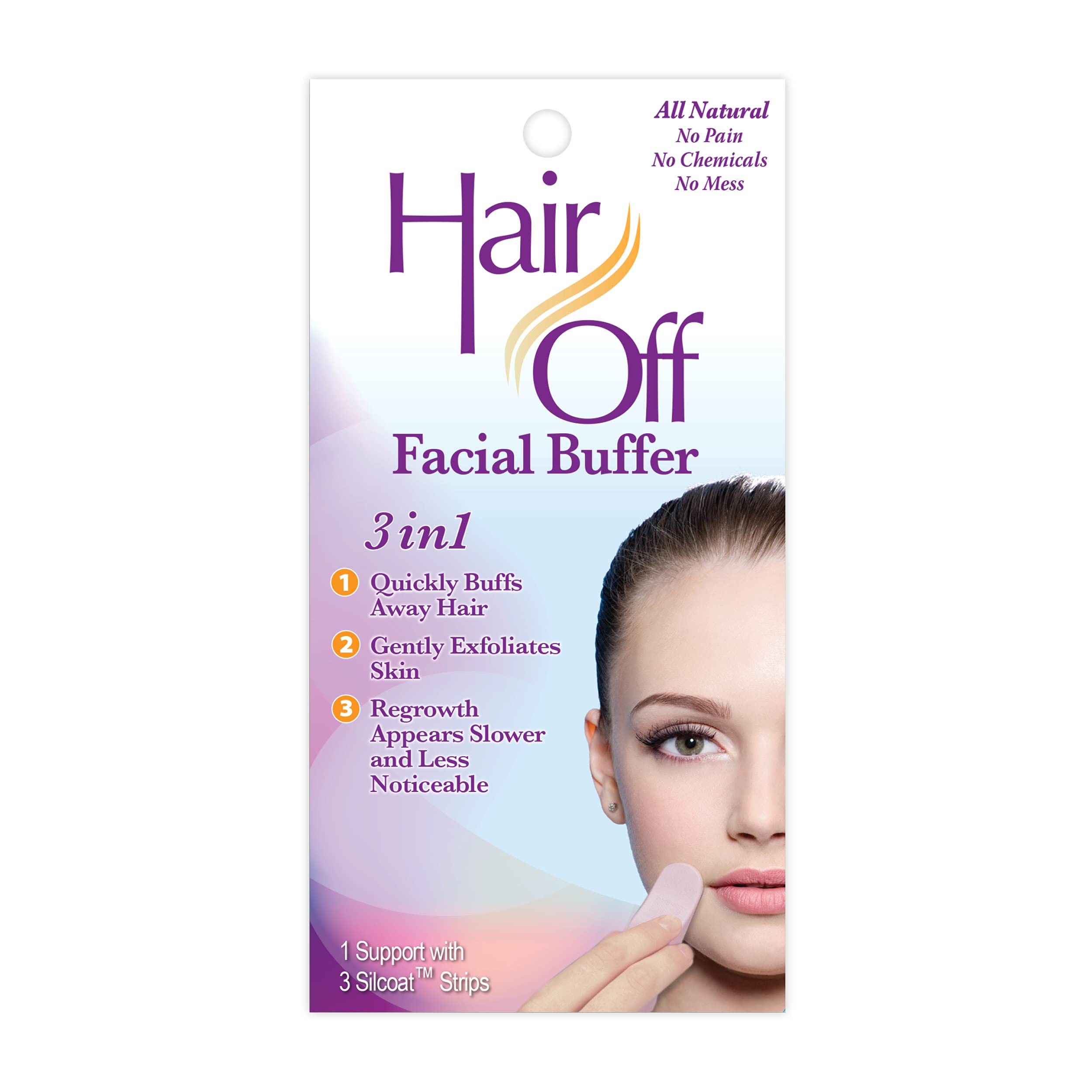 Hair Off Facial Buffer remoción de vello facial desde la raíz para piel suave.