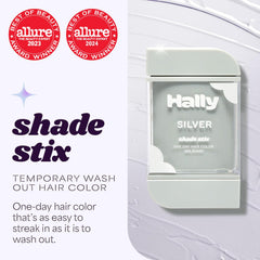 Hally Hair Shade Stix Silver aplicándose con varita para un look rápido.
