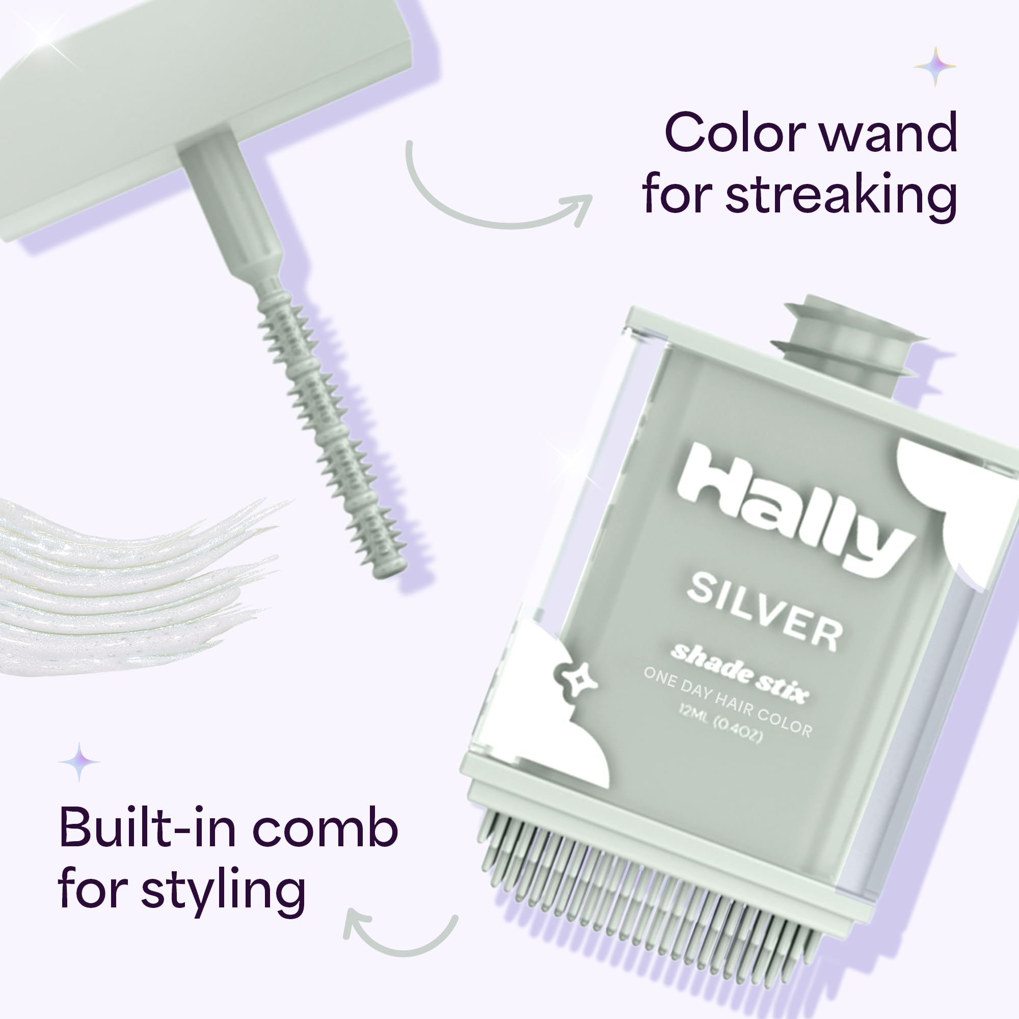 Hally Hair Shade Stix Silver con peine integrado para aplicación uniforme.