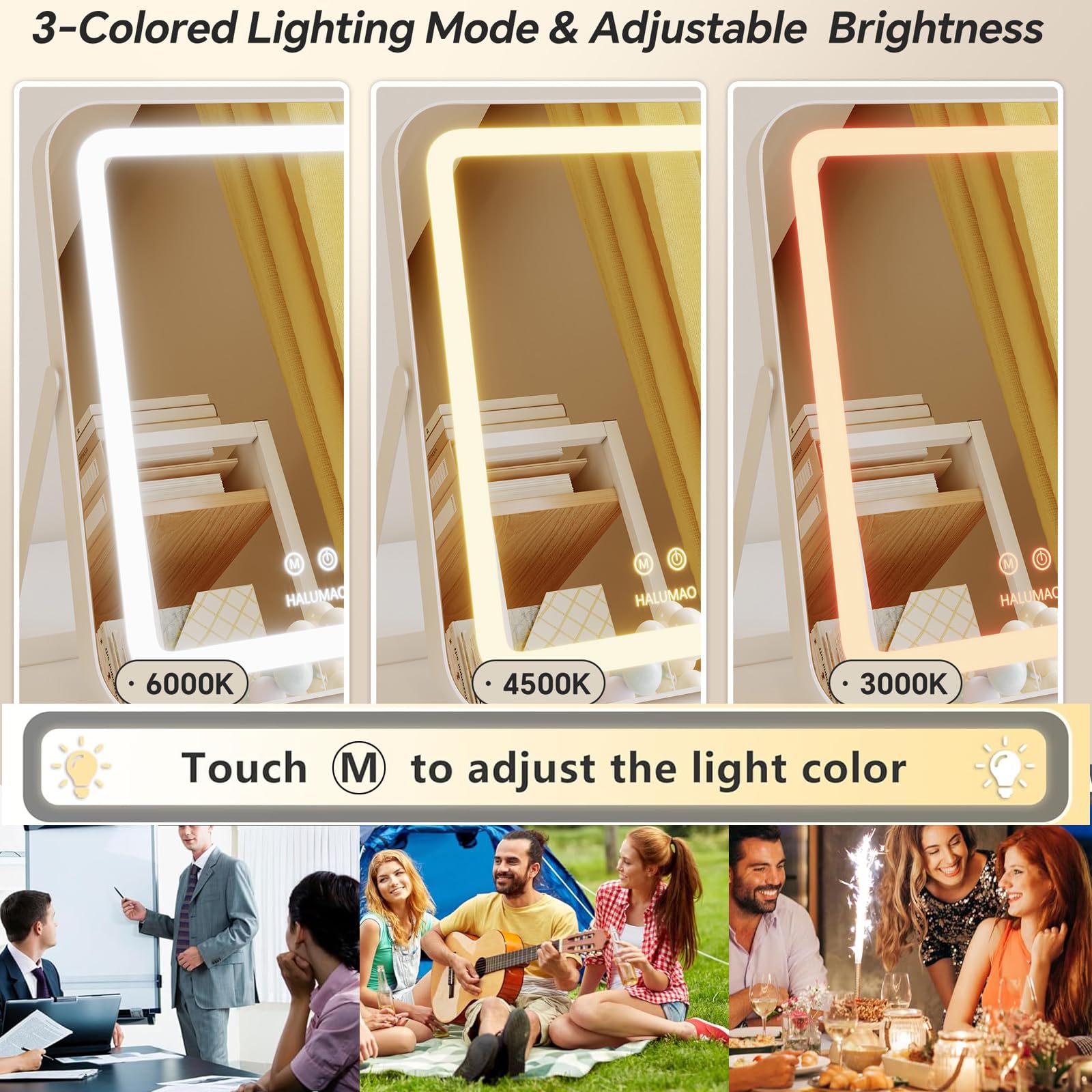 Halumao Espejo, tres modos de luz, ideal para distintos entornos de maquillaje.
