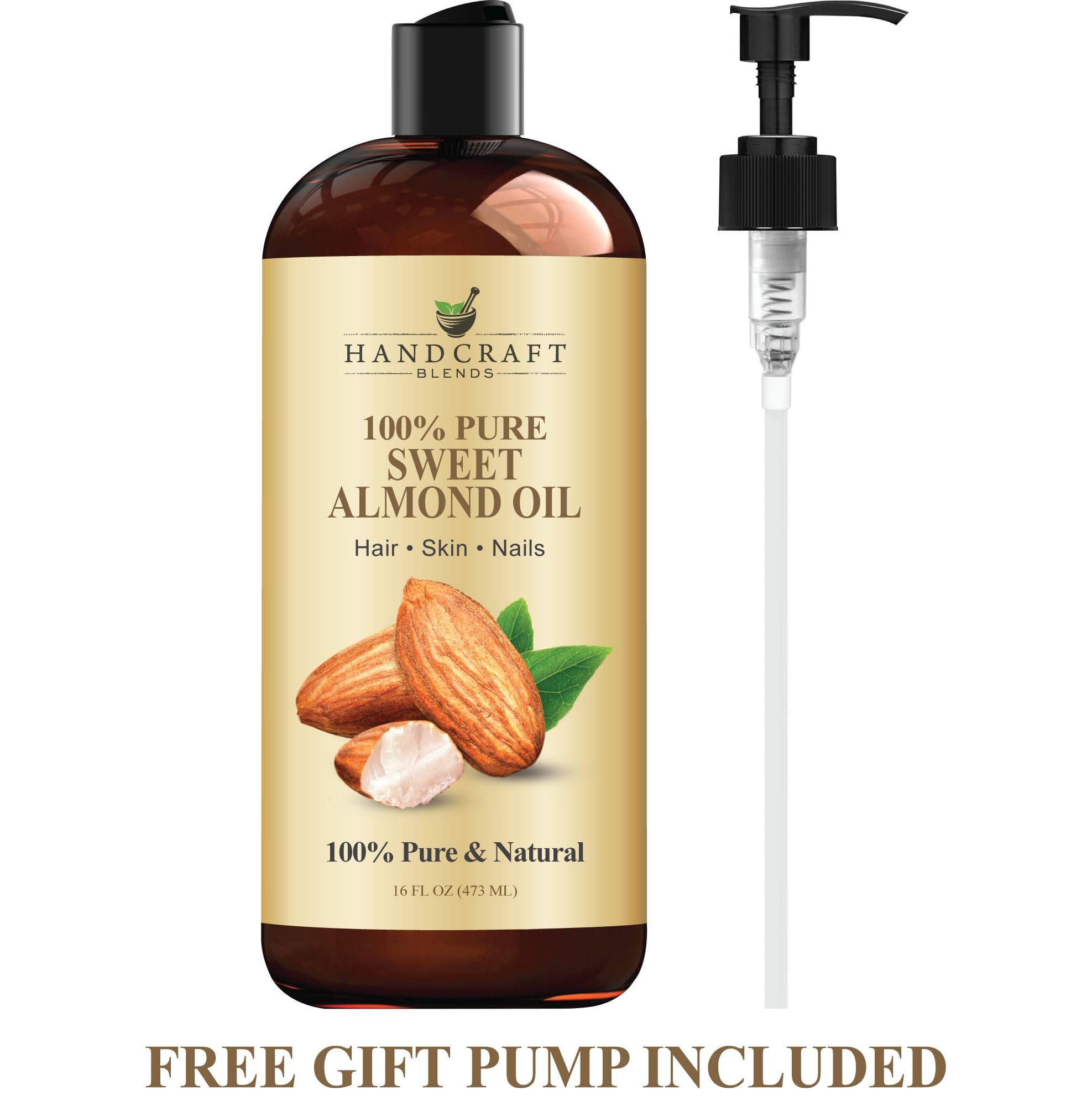 Handcraft Blends Aceite de Almendra Dulce, etiqueta clara con usos recomendados y seguridad.
