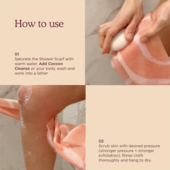 Bufanda de ducha HANNI utilizada con gel para exfoliar el cuerpo.