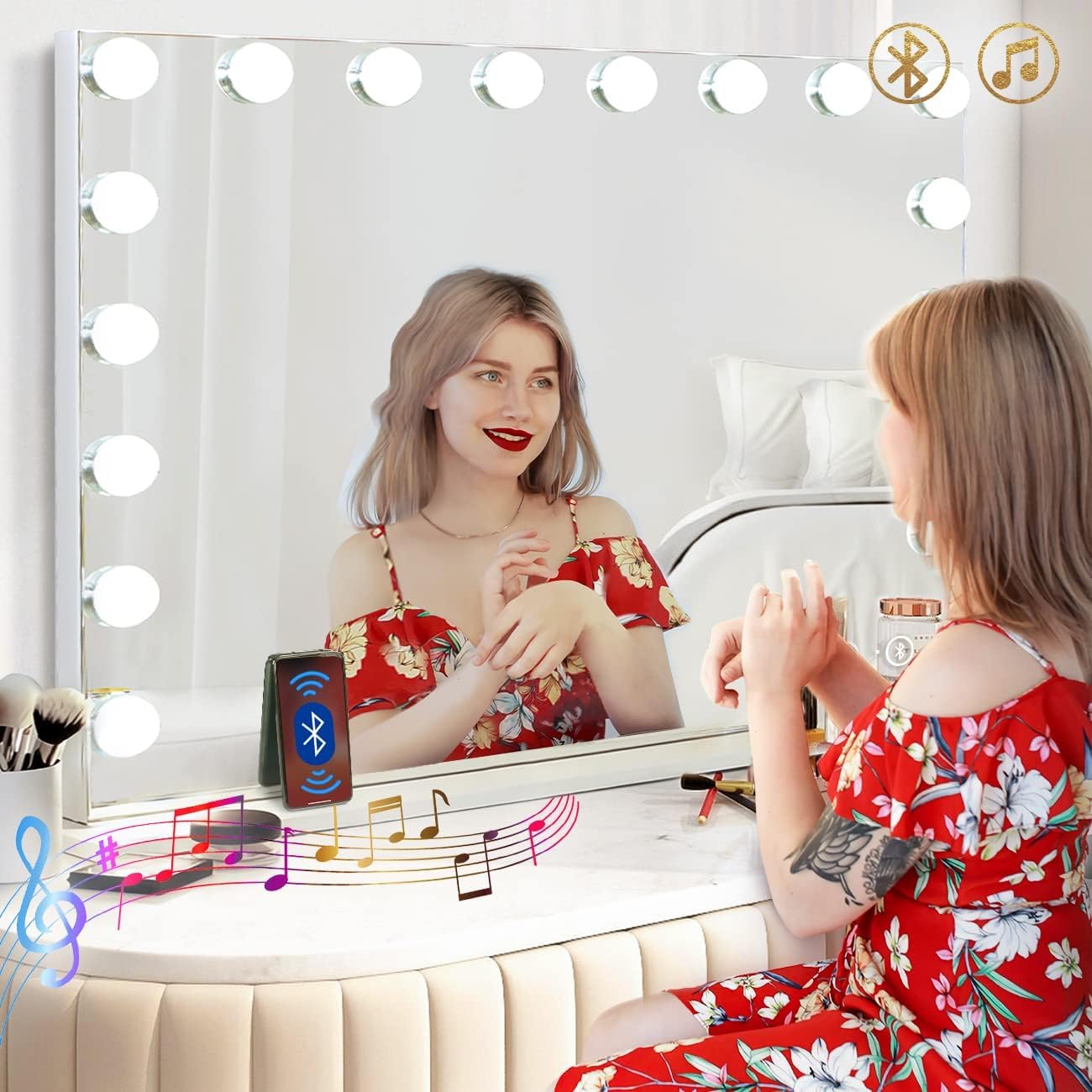 Hansong espejo de vanidad con luces y Bluetooth, 32x22, para maquillaje cómodo y música ambiental.