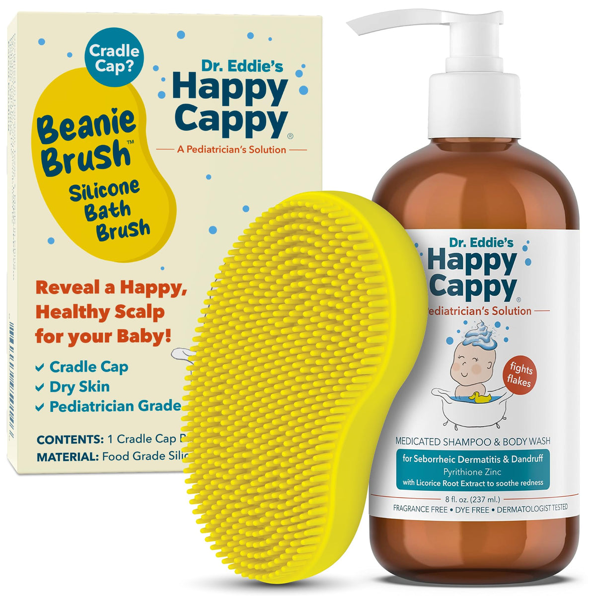 Happy Cappy: botella de champú medicado para bebé, limpieza suave y delicada.