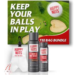 Happy Nuts tee bag bundle frente: kit de golf y cuidado personal.