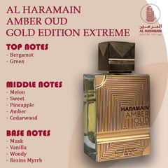 Al Haramain Amber Oud Extreme EDP, corazón afrutado de melón y piña con ámbar.