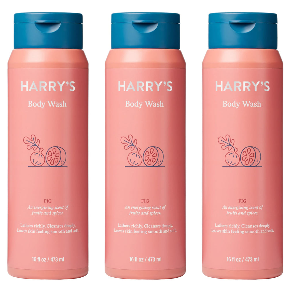 Harry's Fig Scent body wash bottle close-up highlighting gentle cleansing for sensitive skin.