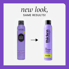 HASK Biotin Boost thickening dry shampoo can side showing refresh and oil absorption