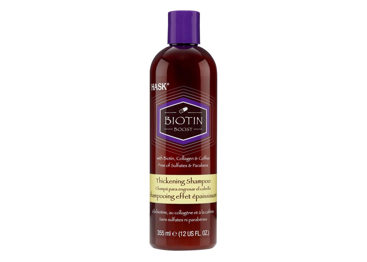 HASK Biotina Impulso Engrosante Champú en botella para volumen del cabello.