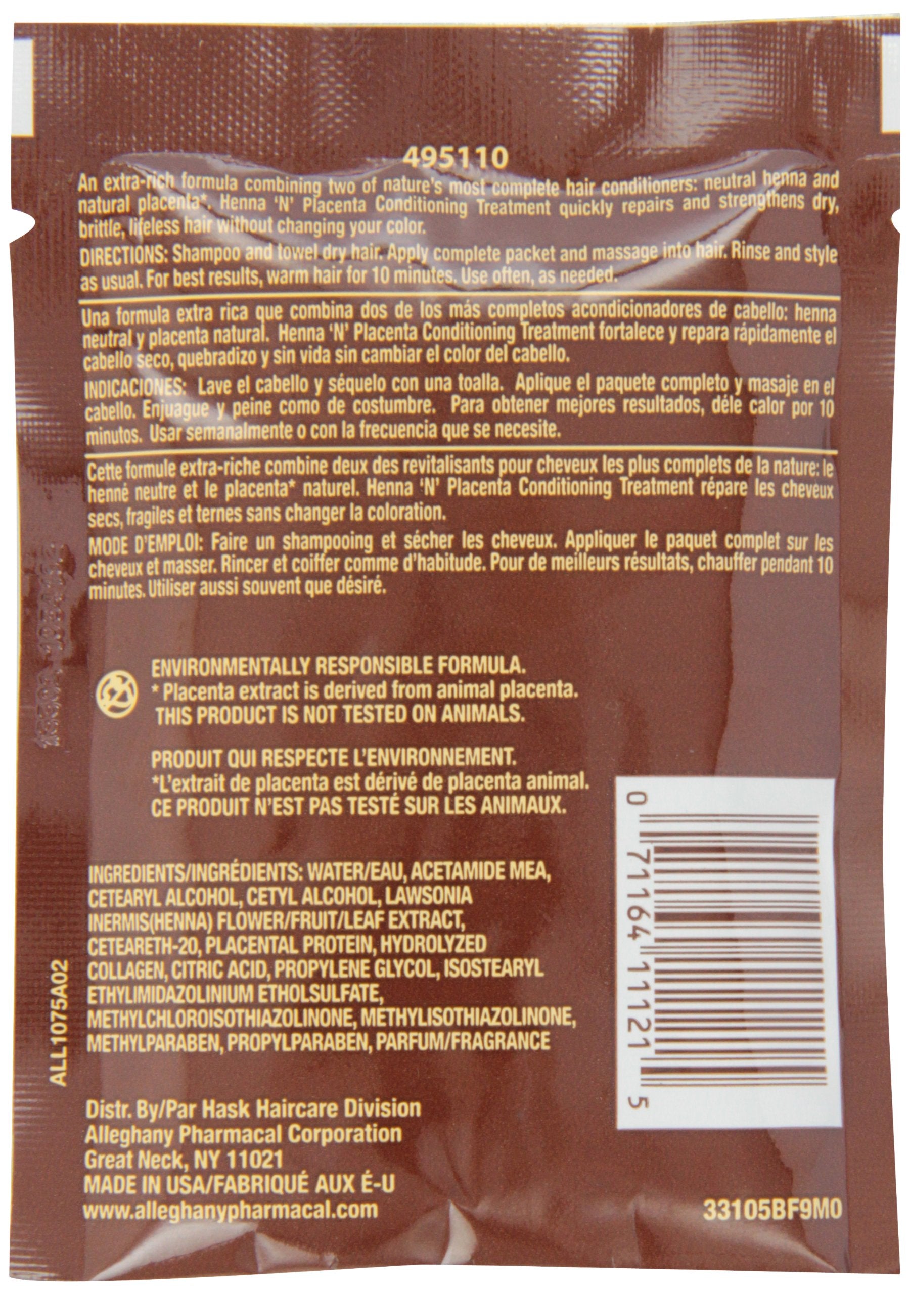 HASK Henna y Placenta, paquete de 12, muestra uso diario para nutrir el cabello.
