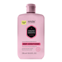 Botella de HASK Keratina para cabello suave y sin frizz.