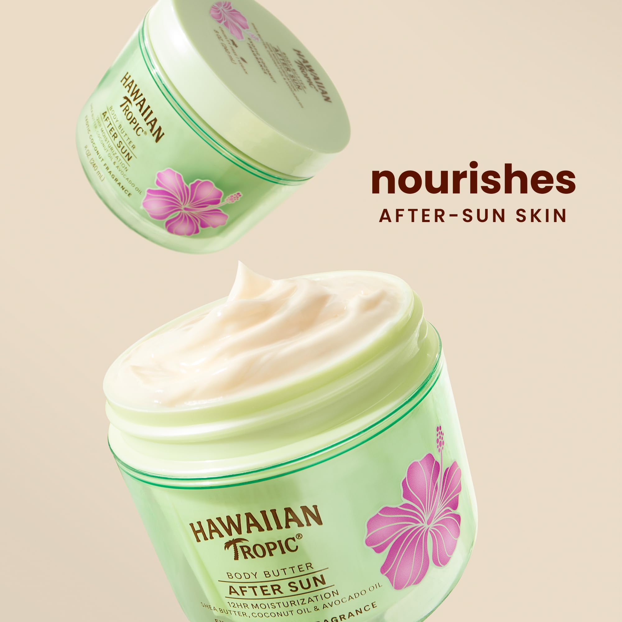 Hawaiian Tropic After Sun Body Butter, textura cremosa para piel suave tras el sol.