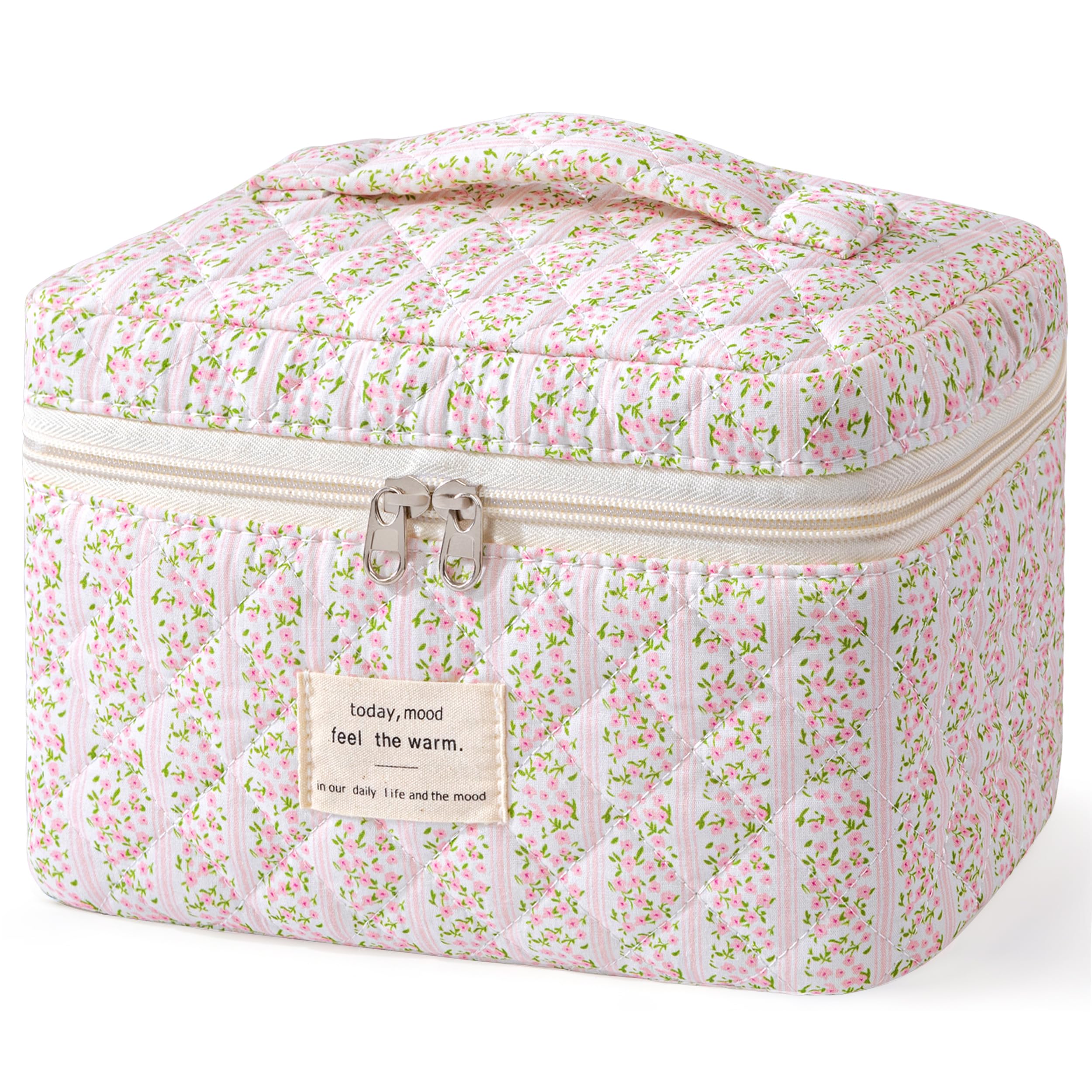 HBselect bolso maquillaje exterior acolchado floral, ideal para almacenamiento diario y viaje organizado.