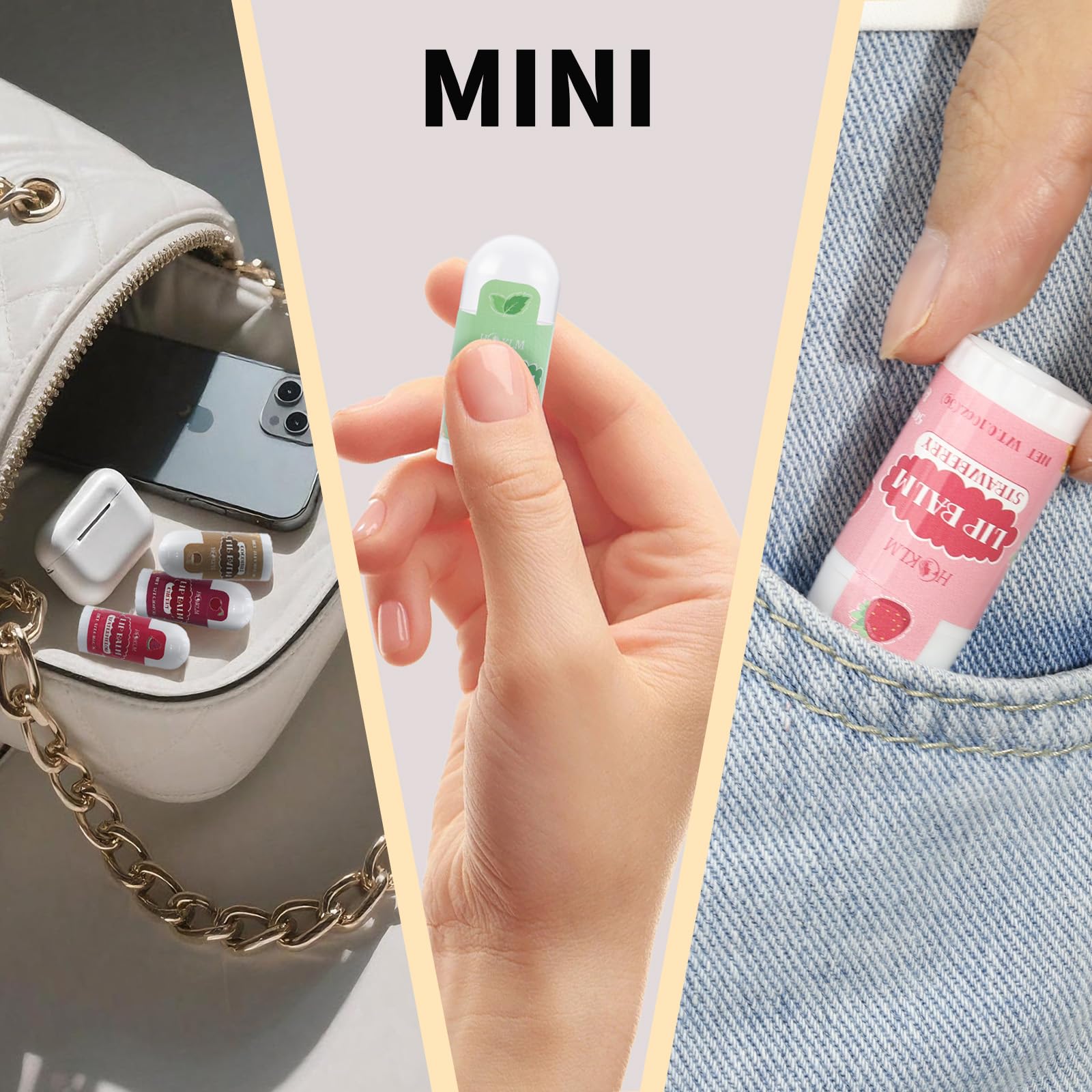 HCKLM mini lip balm strawberry flavor revitalizes lips with gentle moisture.