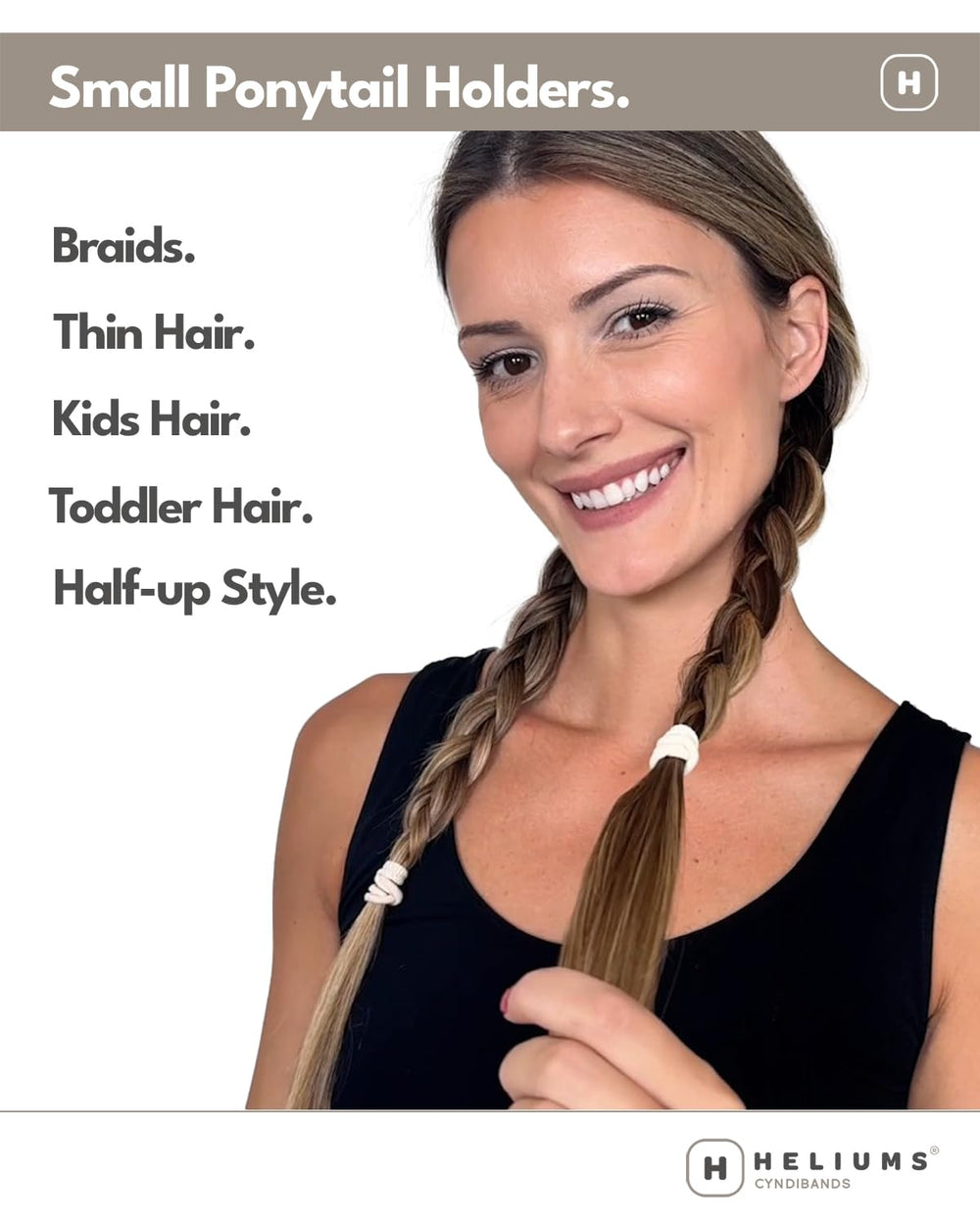 Gomas Heliums para trenzas en niñas, sujeción suave y sin dañar el cabello.