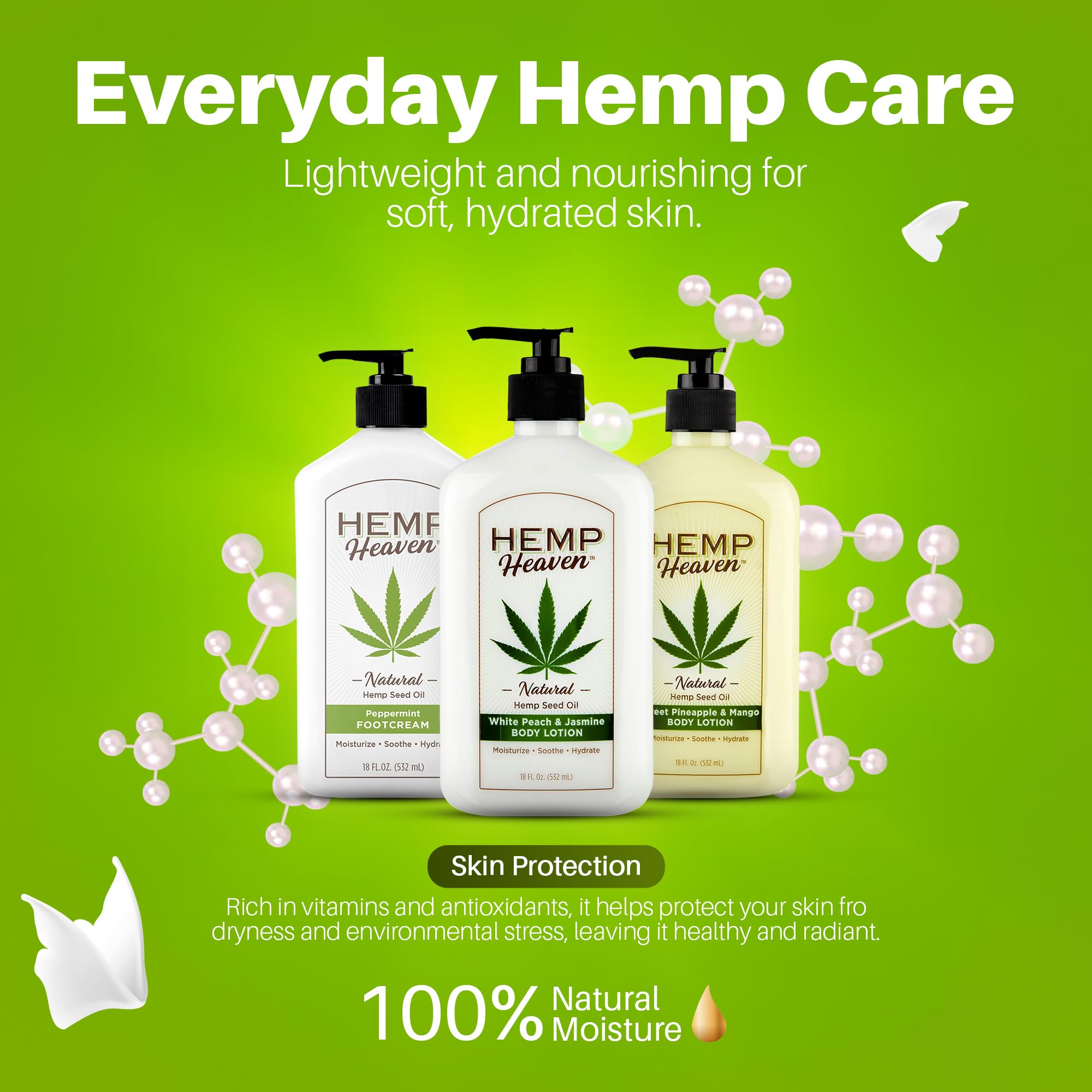 Hemp Heaven Hemp Lotion aroma Peach Jasmine suave, mejora la experiencia de cuidado diario.