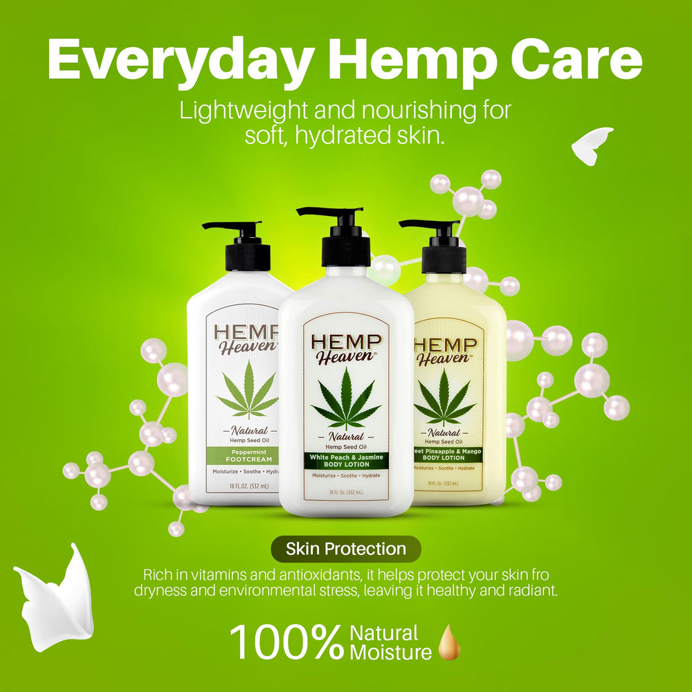 Hemp Heaven Hemp Lotion aroma Peach Jasmine suave, mejora la experiencia de cuidado diario.