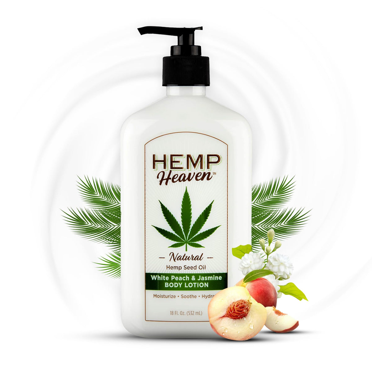 Hemp Heaven Hemp Lotion frasco Peach Jasmine 18oz muestra hidratación duradera para piel sensible.