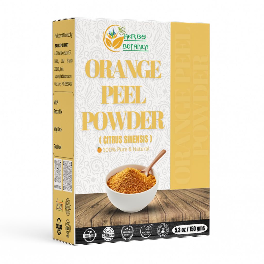 Polvo de cáscara naranja de Herbs Botanica en frasco, ideal para mascarillas faciales.