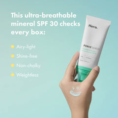 Hero Cosmetics Force Shield Superlight: aplicación matutina, protección SPF 30 con acabado mate.