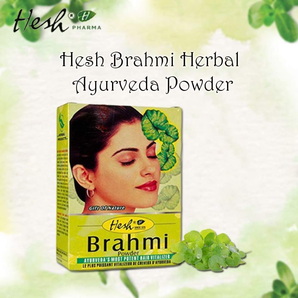 Hesh Brahmi polvo frasco, cuidado capilar natural y uso diario.
