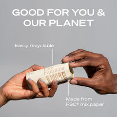 Hey Humans deodorant packaging recyclable paper supports sustainability and easy disposal.