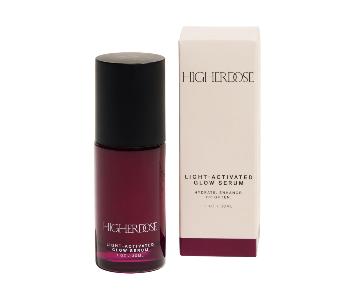 HighierDOSE Glow Serum bouteille, hydratation durable pour peau lumineuse.