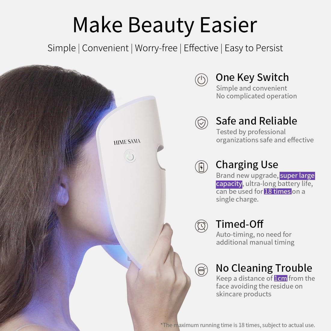 HIME SAMA Mascarilla LED almohadilla de mentón ajustable para mayor comodidad.