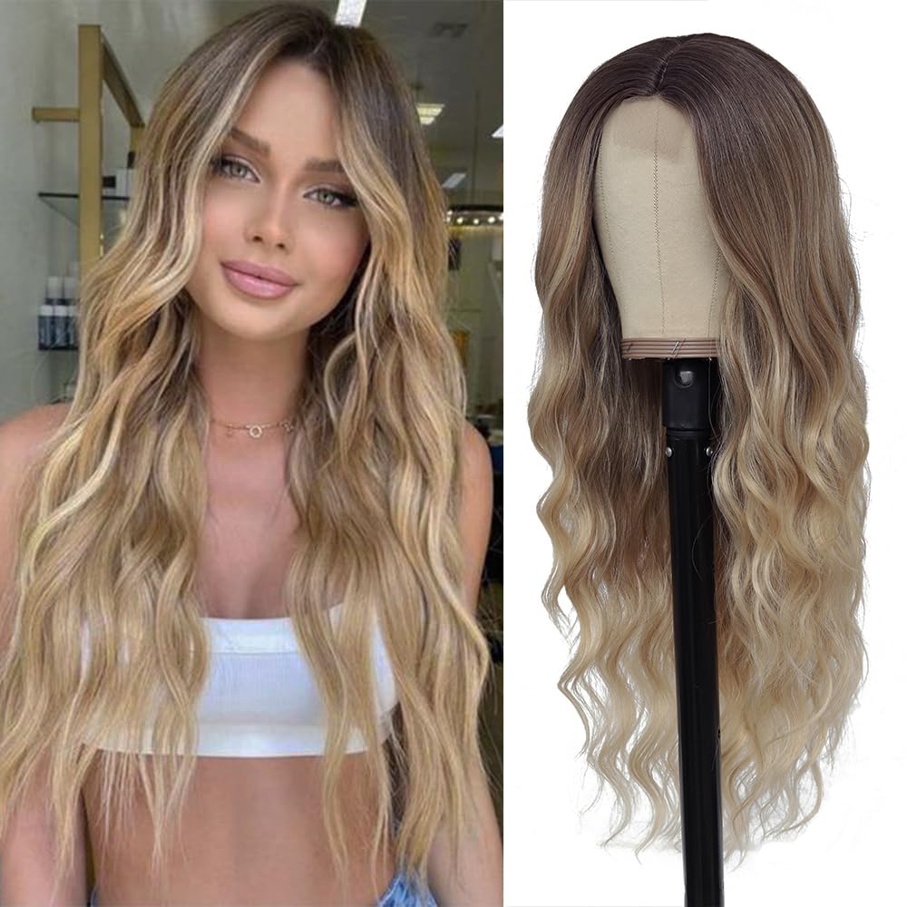 Peluca HMHIFI largo ombré blonde con parte media para un look natural y versátil.