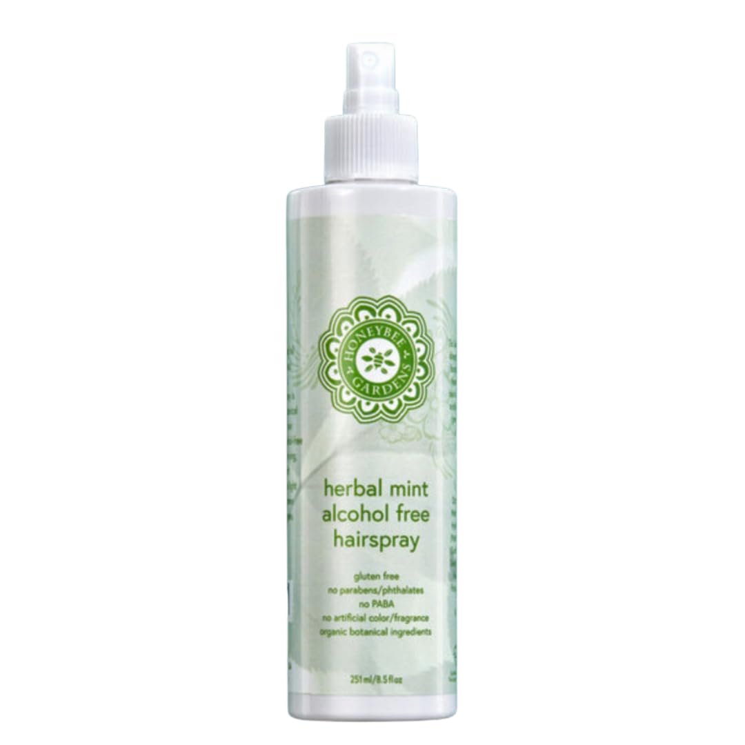 Spray Honeybee Gardens para cabello sin alcohol con menta, fijación natural durante todo el día.