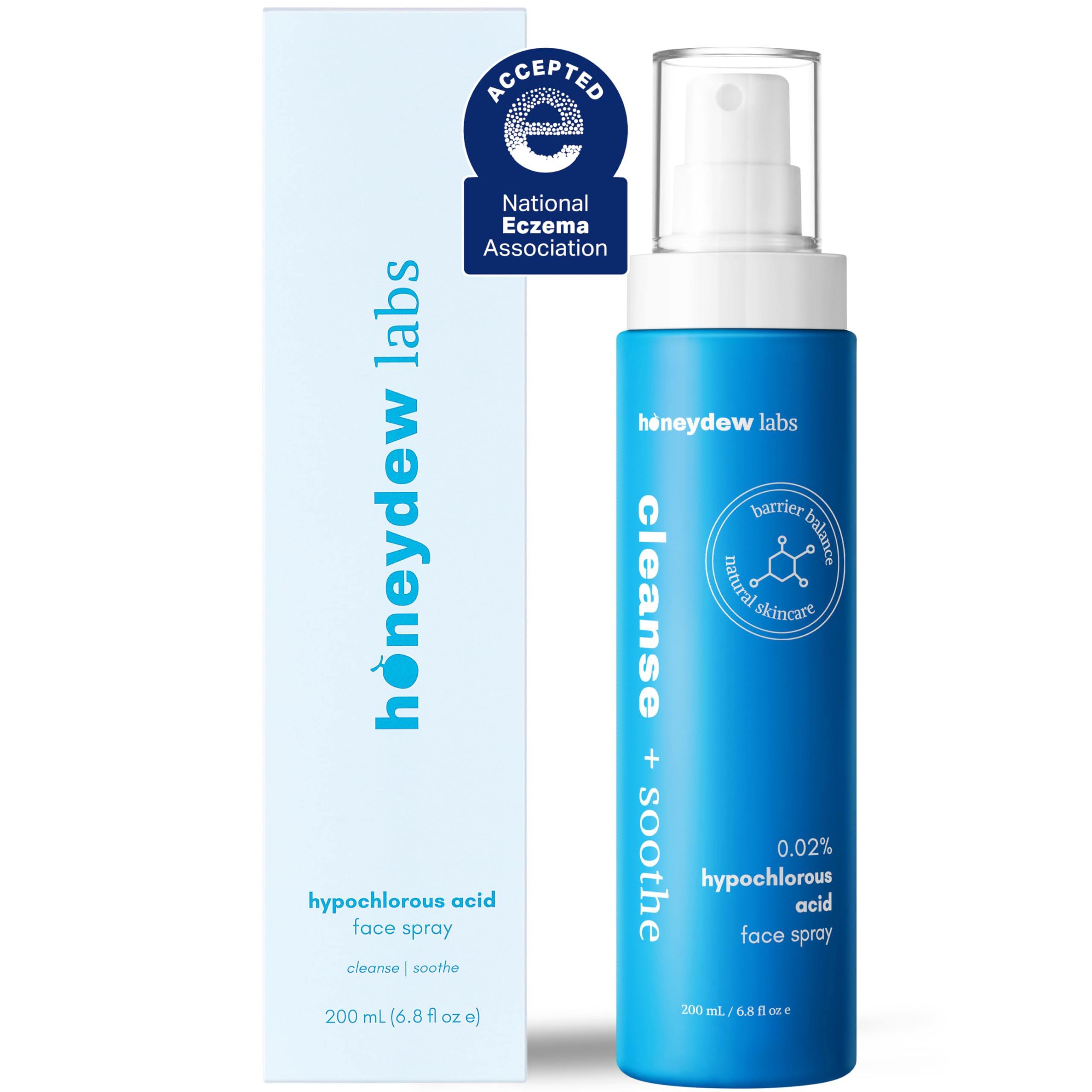 Honeydew Labs HOCl spray, botella cerca: limpieza suave para piel sensible.