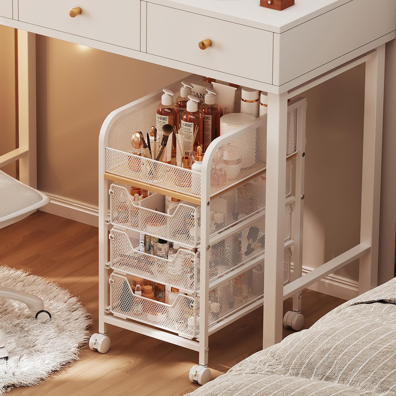 Hongtamoya carrito maquillaje rodante con 3 cajones, ideal para ordenar maquillaje en espacios pequeños