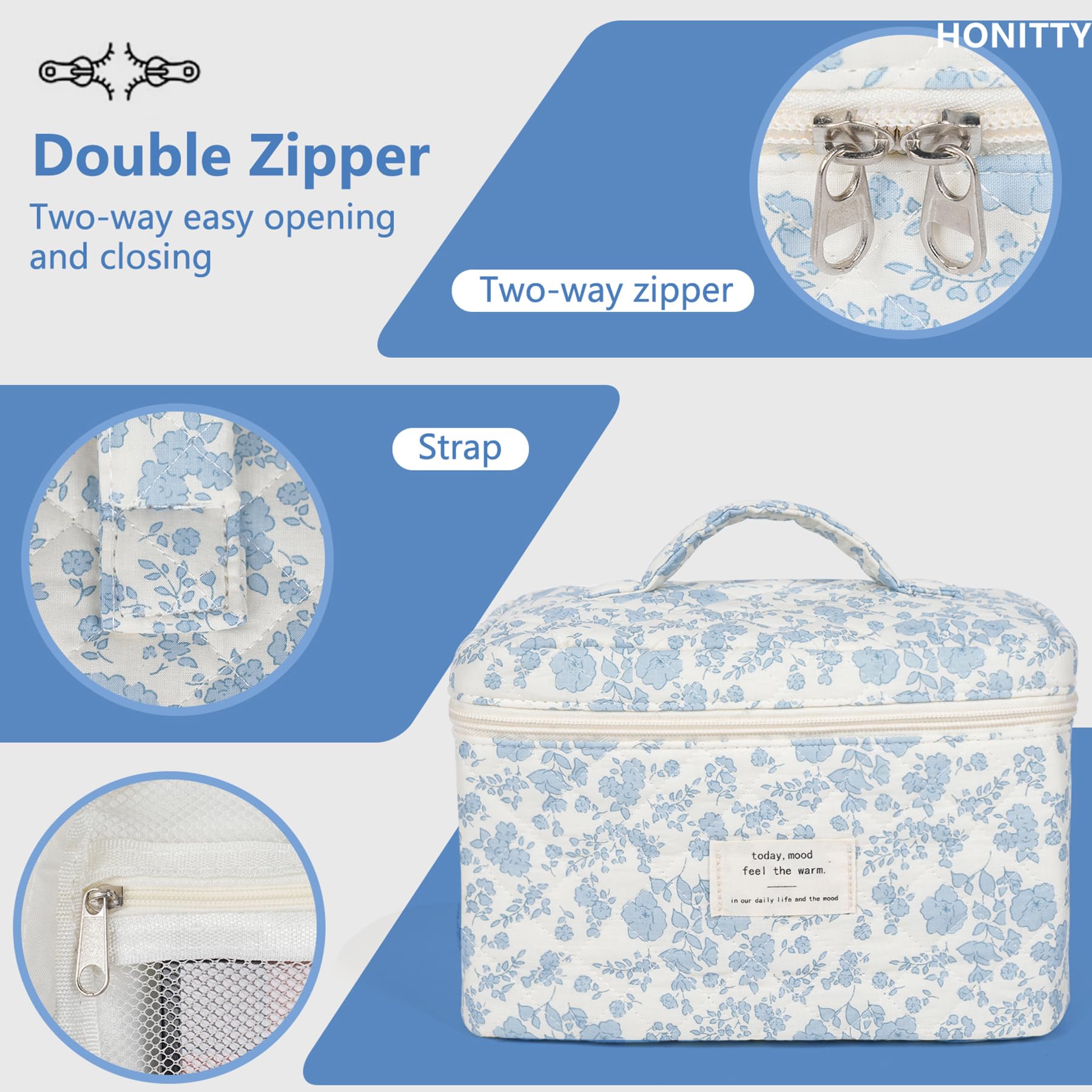 Honitty bolsa maquillaje durabilidad material, tela resistente y fácil de limpiar para años de uso.