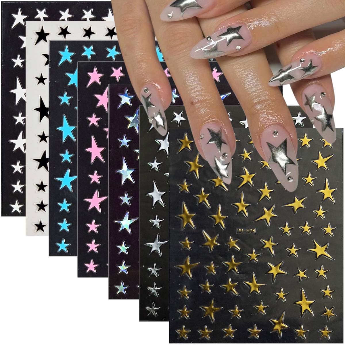 HPYFOI estrellas para uñas 14 hojas: acabado versátil para cualquier color.