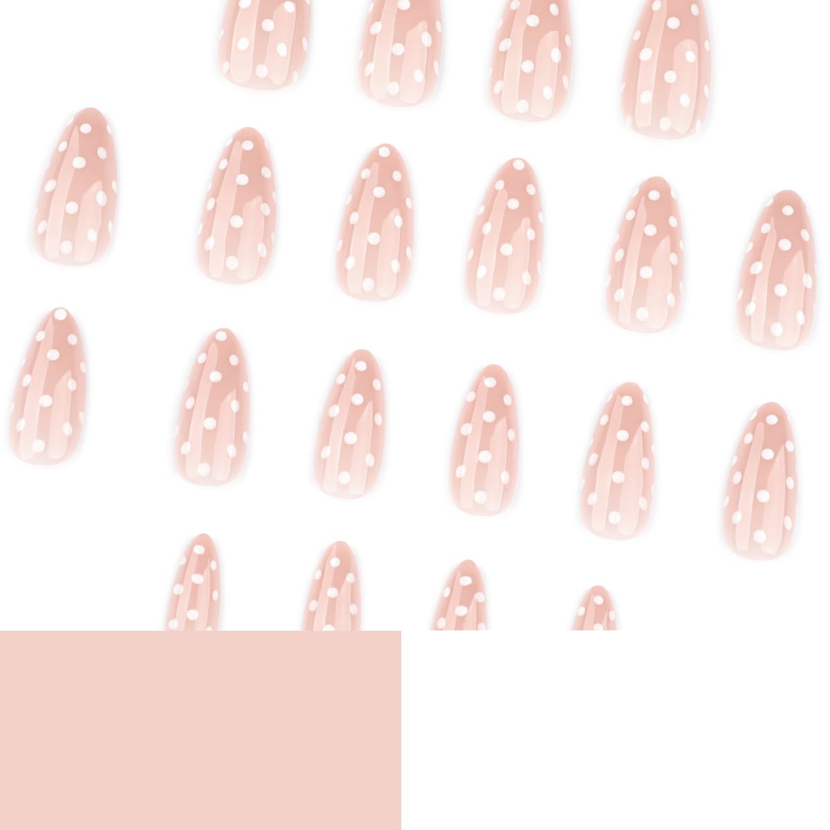 Uñas HPYFOI en almendra con puntos blancos listas para aplicar fácilmente.