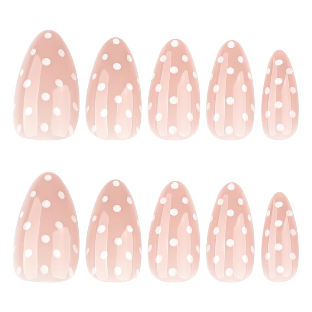 Uñas reutilizables HPYFOI con diseño de puntos blancos para uso diario.