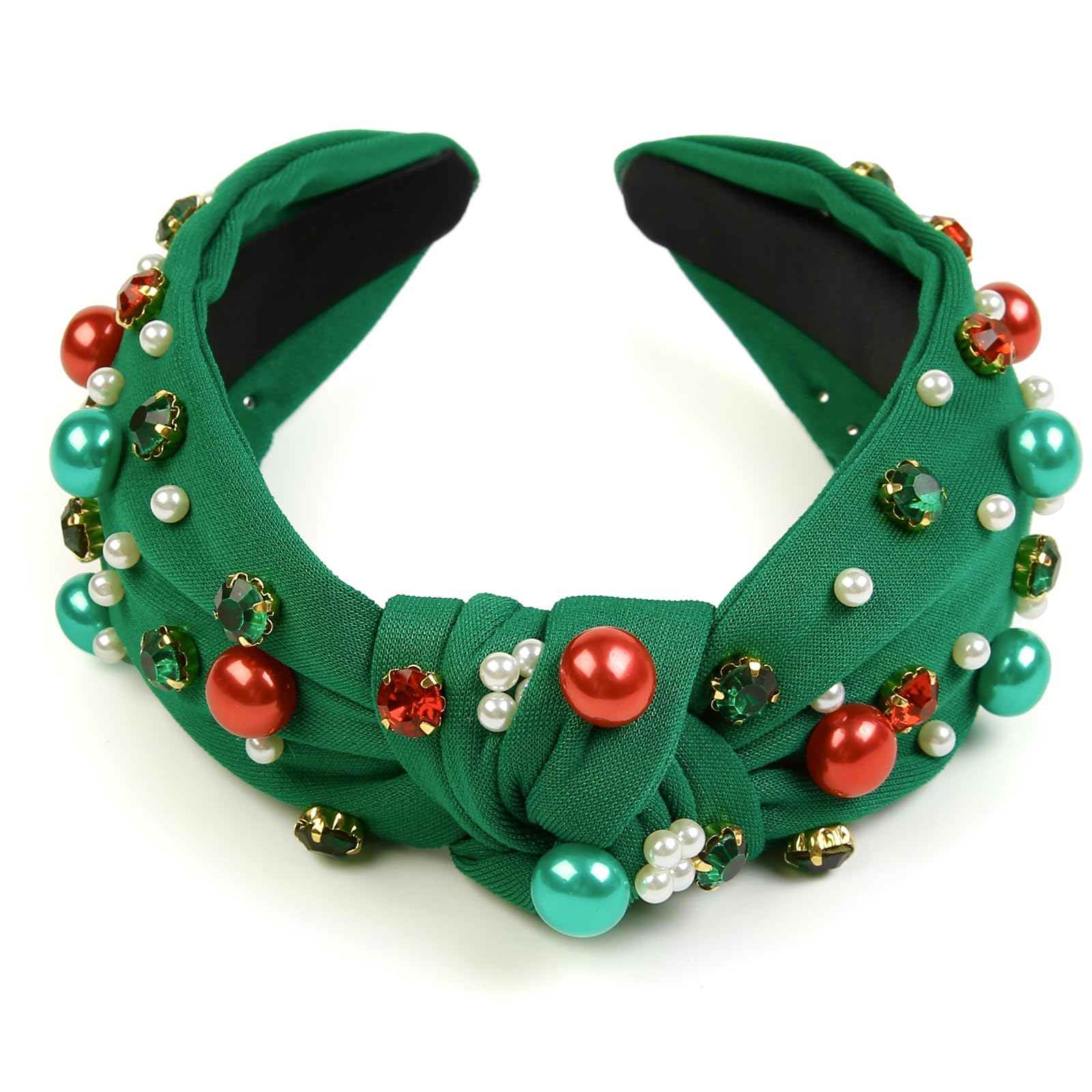 Diadema Huachi para Navidad, verde, con nudo y perlas para un look festivo.