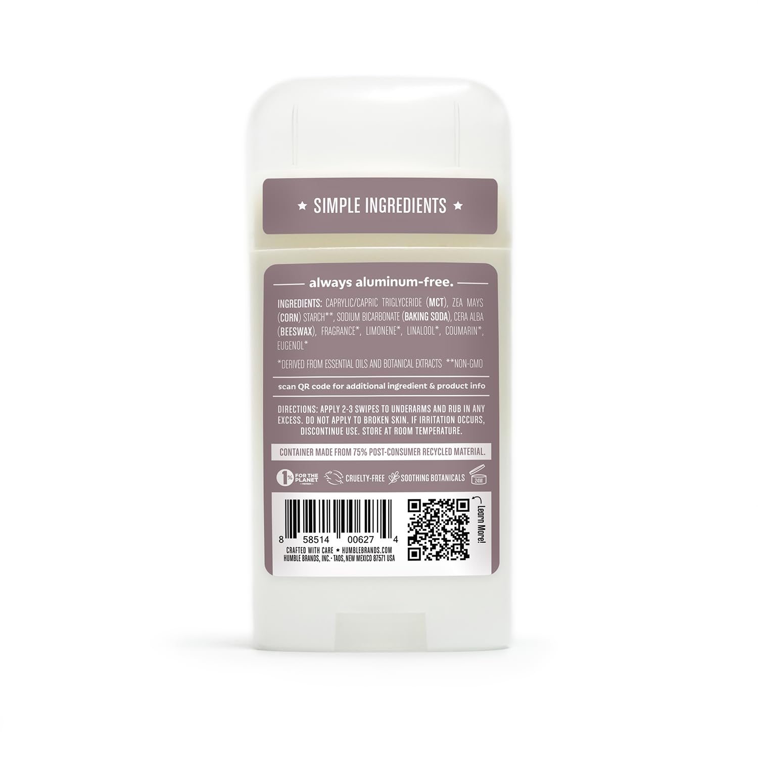 Fórmula sin aluminio de HUMBLE BRANDS Desodorante Original para rutina diaria.