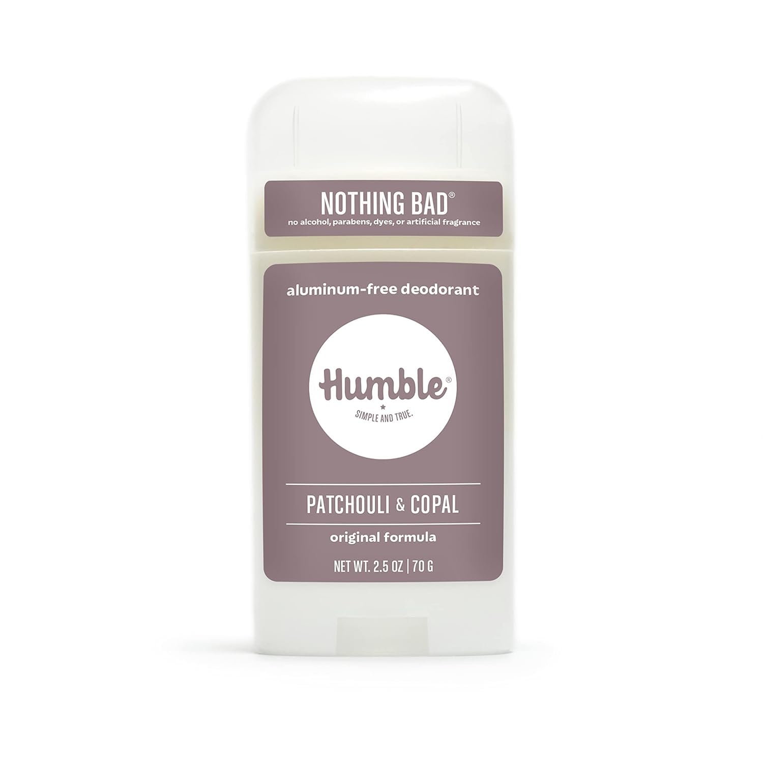 Desodorante HUMBLE BRANDS Patchouli Copal, frente del envase, aroma natural.