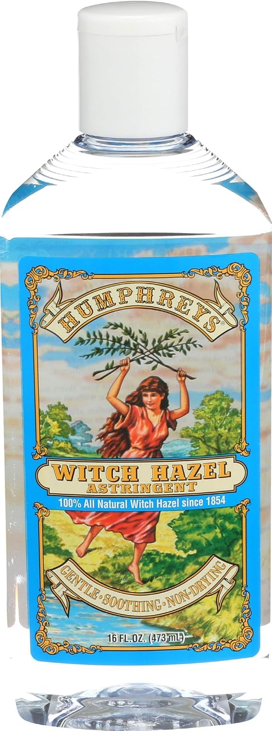 Humphreys Witch Hazel bottle closeup for gentle pore-minimizing skincare.